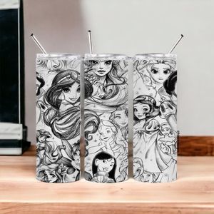 Princess Black & White 20oz Tumbler With Lid & Straw